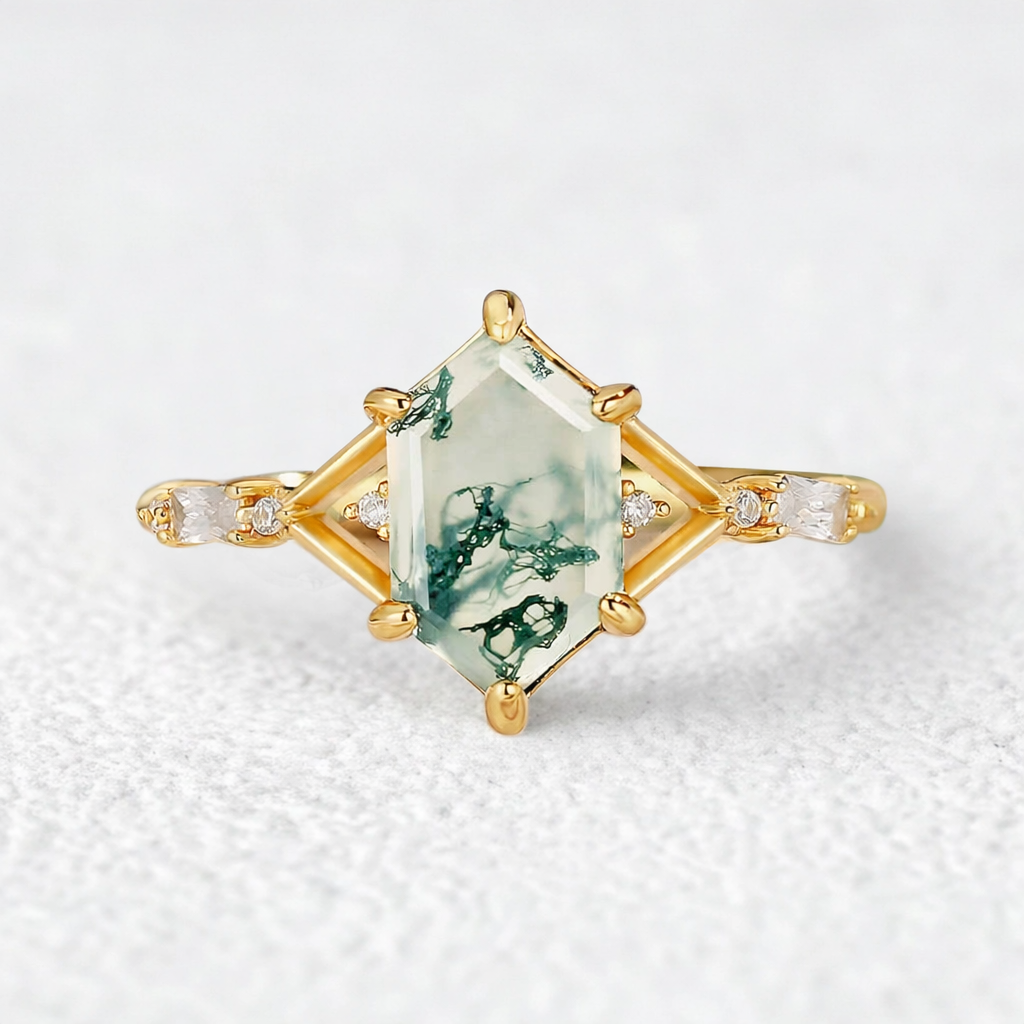 Nature Inspired Hexagon Cut Moss Agate Engagement Ring.