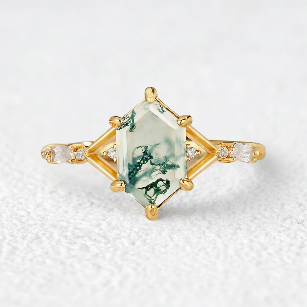 Nature Inspired Hexagon Cut Moss Agate Engagement Ring.