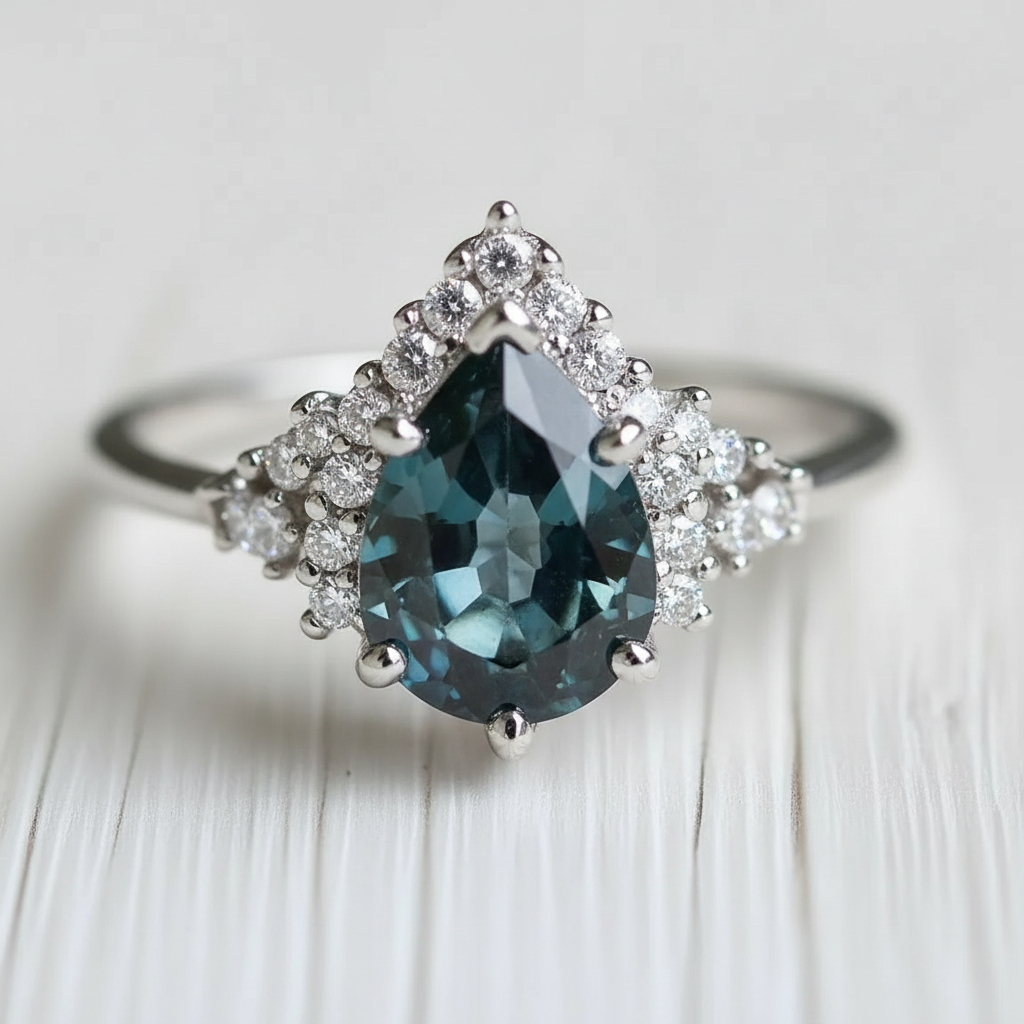 Lyra’s Twilight | Pear Blue Sapphire Partial Halo Ring.