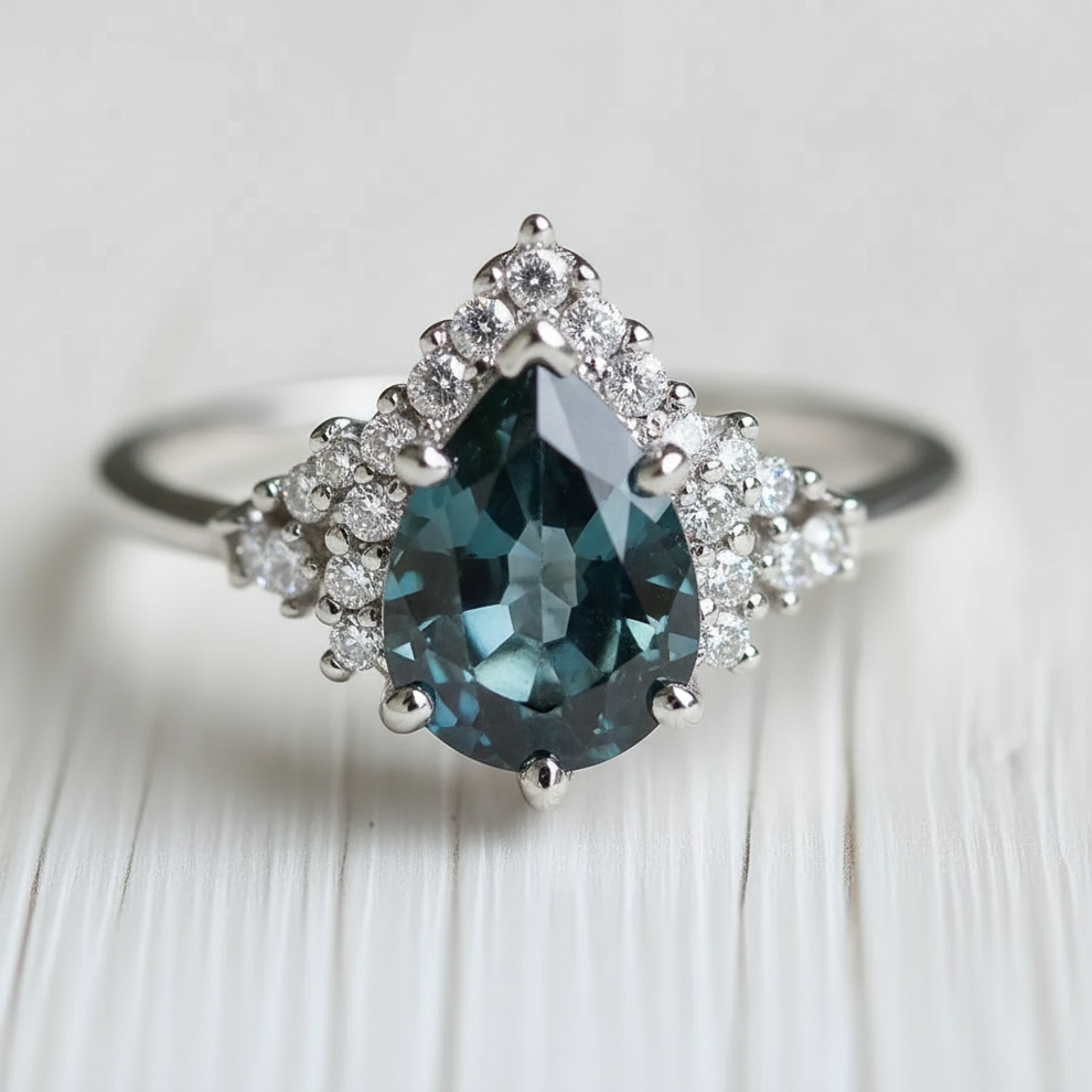 Lyra’s Twilight | Pear Blue Sapphire Partial Halo Ring.