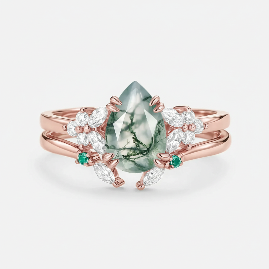 Anya Cluster Pear Shaped Moss Agate Chevron Gold Ring Set 2pcs.