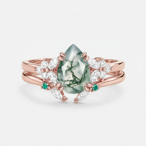 Anya Cluster Pear Shaped Moss Agate Chevron Gold Ring Set 2pcs.