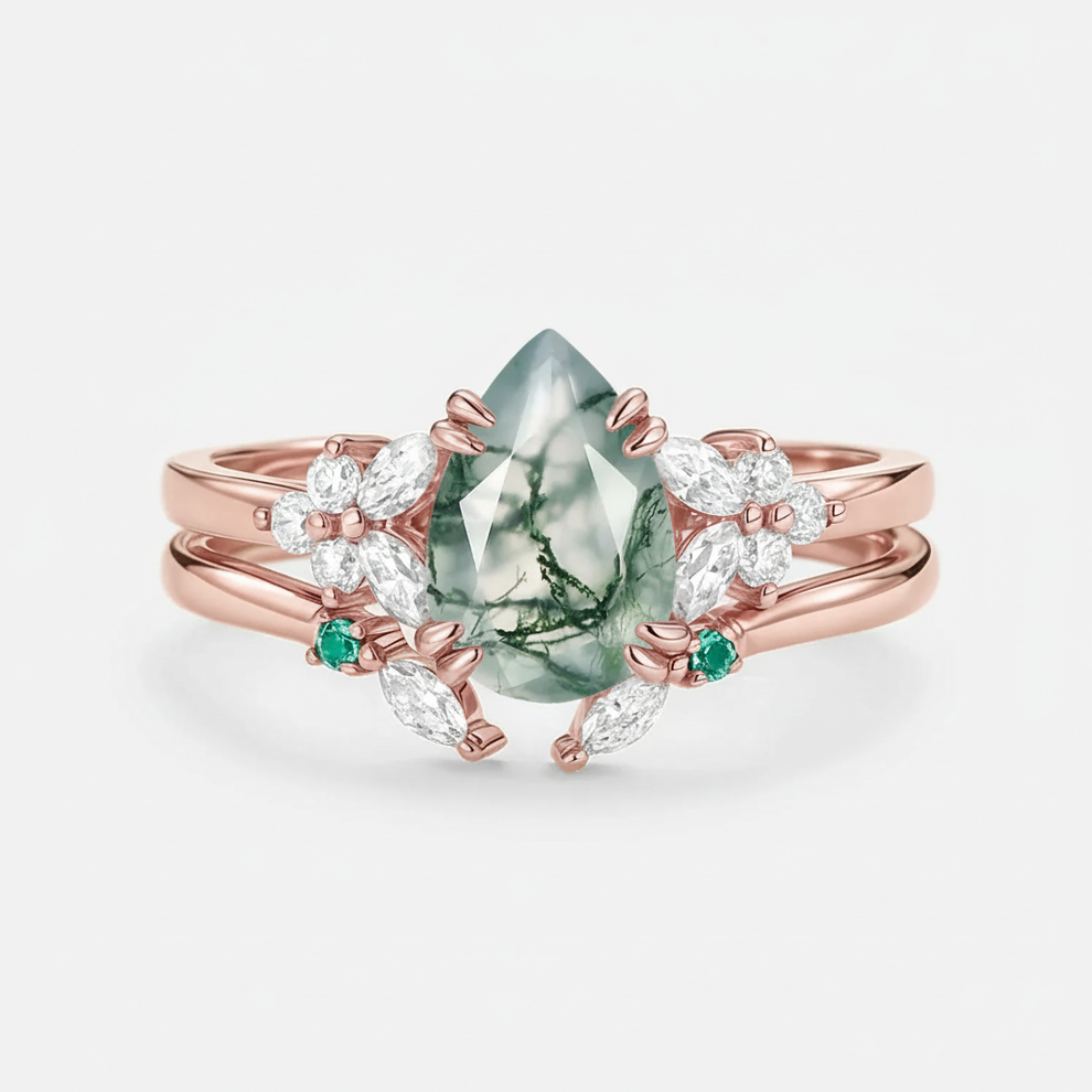 Anya Cluster Pear Shaped Moss Agate Chevron Gold Ring Set 2pcs.
