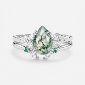 Anya Cluster Pear Shaped Moss Agate Chevron Gold Ring Set 2pcs.