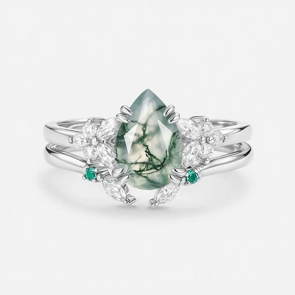 Anya Cluster Pear Shaped Moss Agate Chevron Gold Ring Set 2pcs.