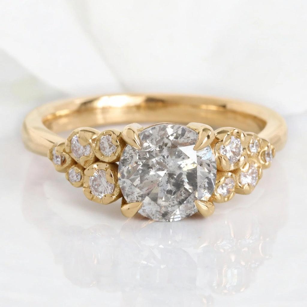 Rosalind’s Remembrance | Floral Cluster Round Salt & Pepper Diamond Engagement Ring.