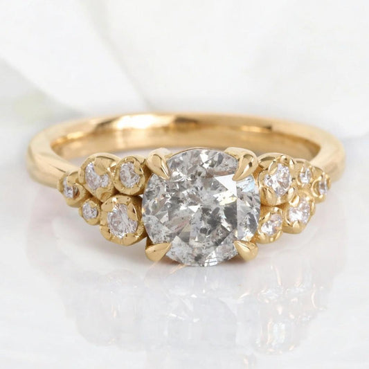 Rosalind’s Remembrance | Floral Cluster Round Salt & Pepper Diamond Engagement Ring.