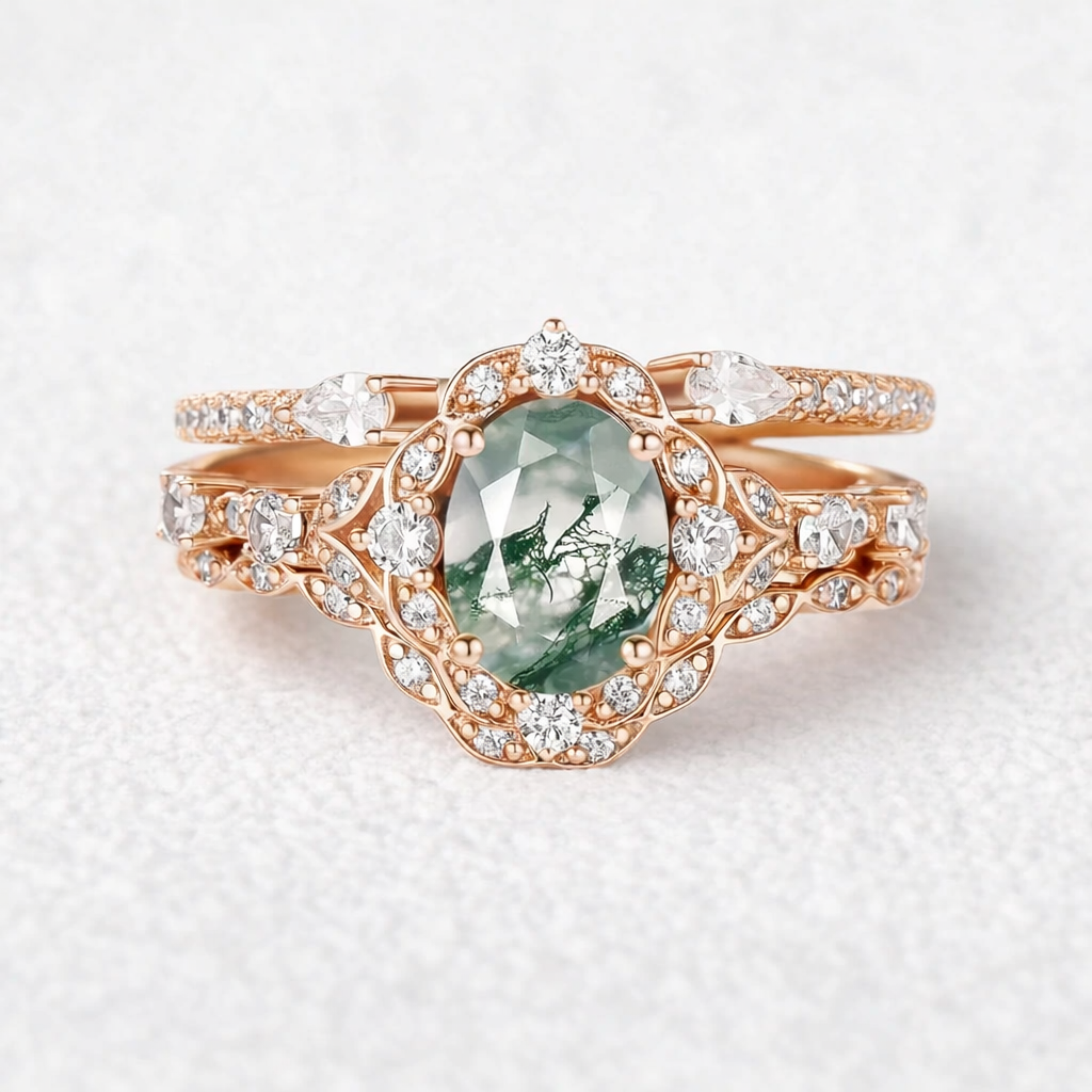 Unique Oval Cut Moss Agate Cluster Engagement Ring Set 3pcs.