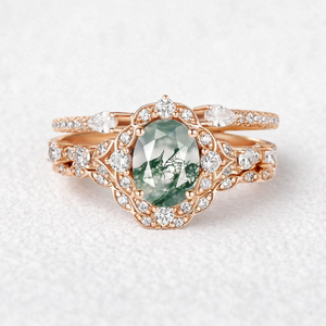 Unique Oval Cut Moss Agate Cluster Engagement Ring Set 3pcs.