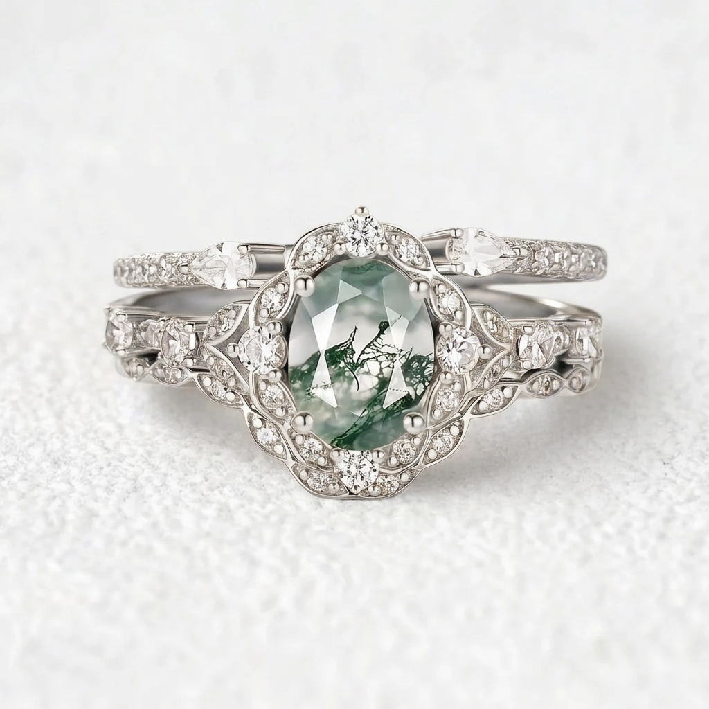 Unique Oval Cut Moss Agate Cluster Engagement Ring Set 3pcs.