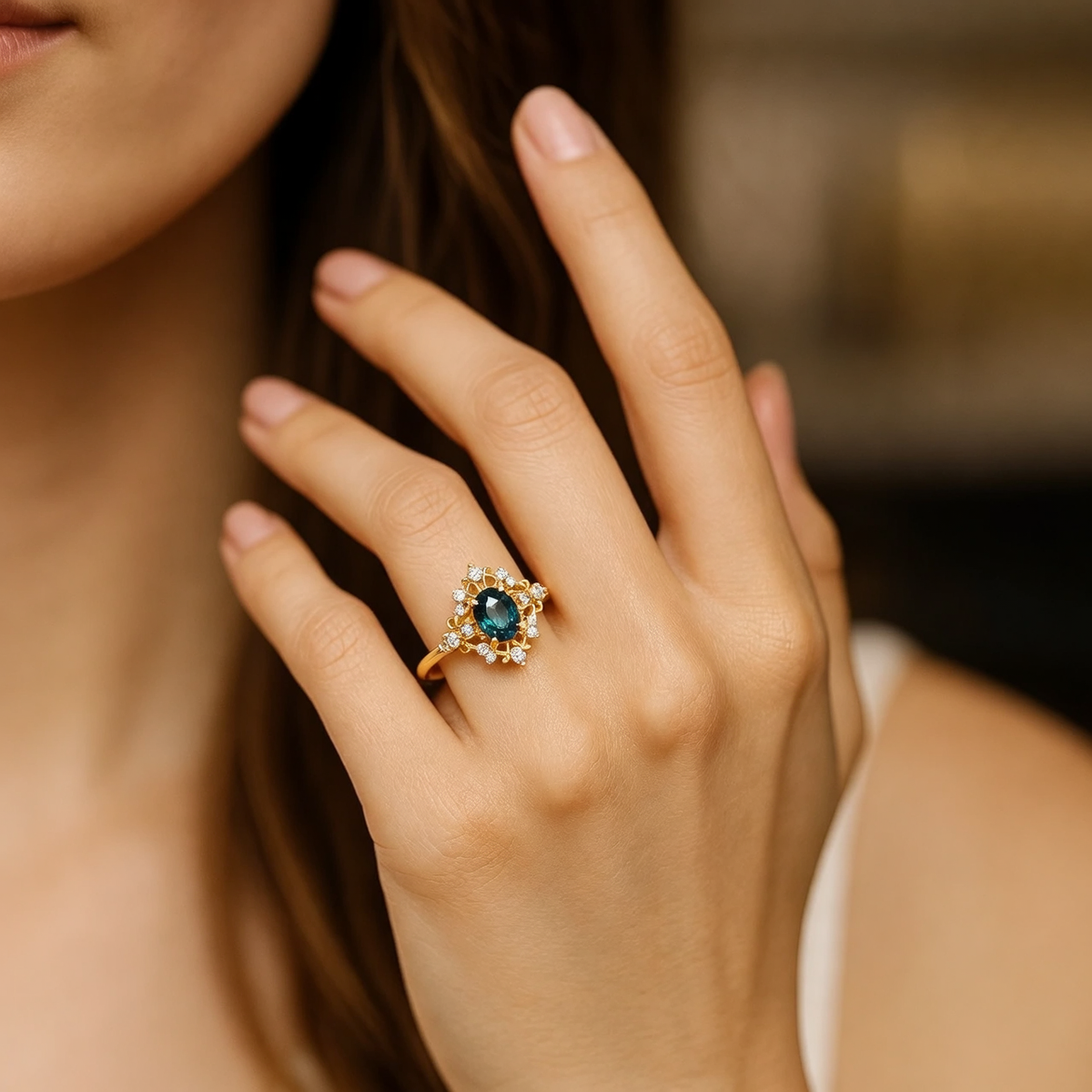 Isolde’s Crown | Teal Sapphire & Diamond Halo Engagement Ring.