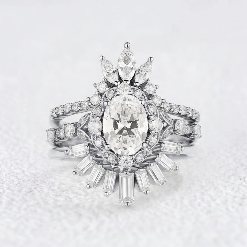 Victoria’s Coronet | Oval Cut Moissanite Sunflower Ring Set 3pcs.