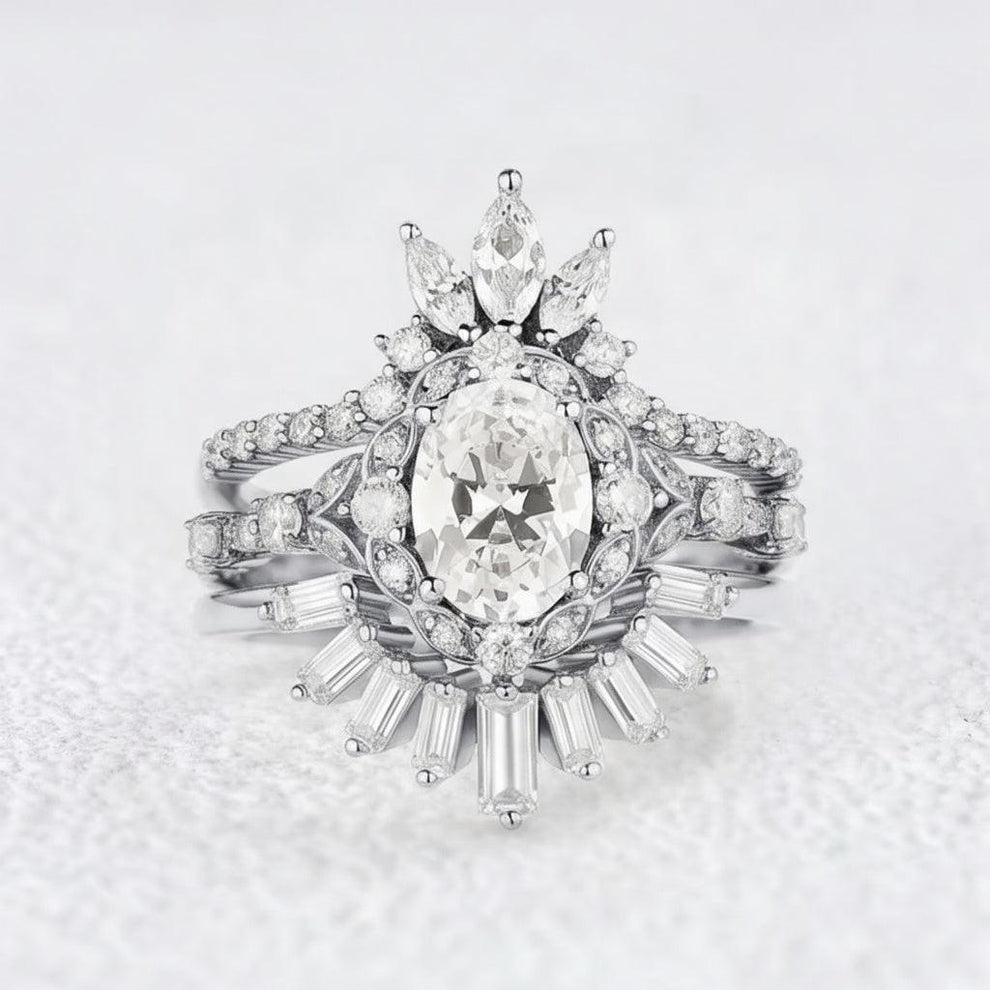 Victoria’s Coronet | Oval Cut Moissanite Sunflower Ring Set 3pcs.
