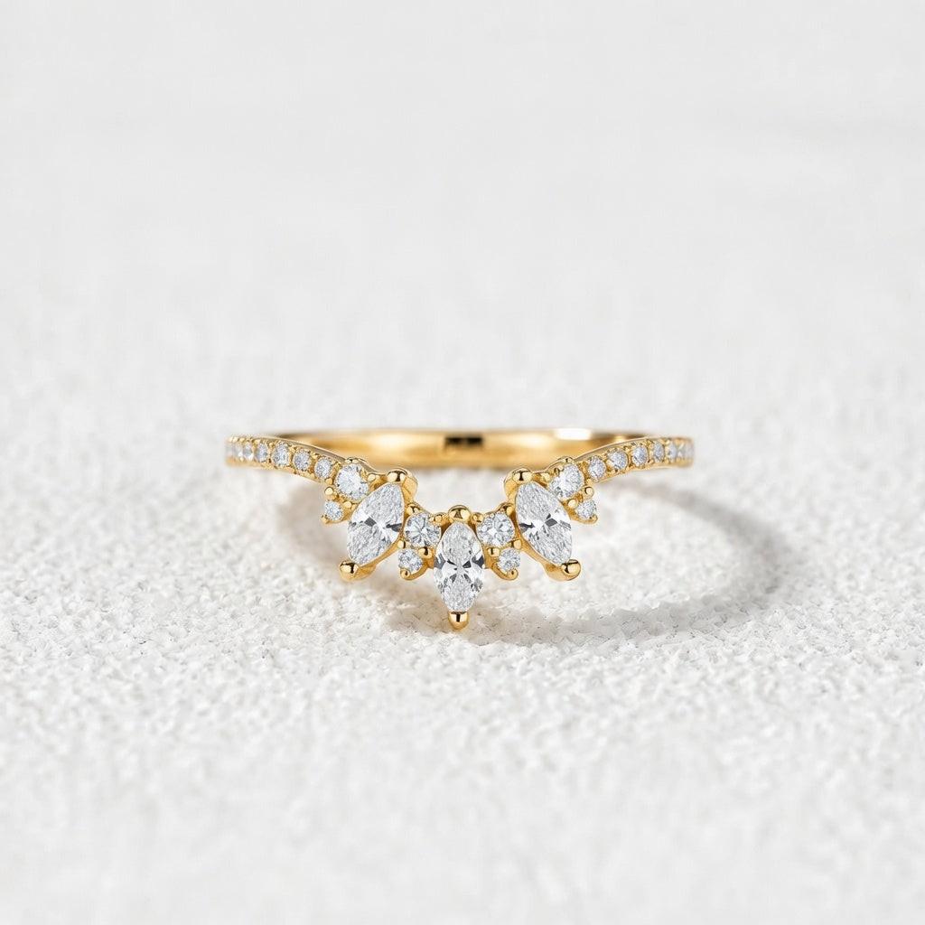 Marquise Cut Moissanite Half Eternity Curved Wedding Band in White Gold.