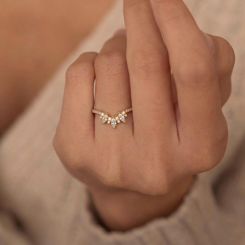 Marquise Cut Moissanite Half Eternity Curved Wedding Band in White Gold.