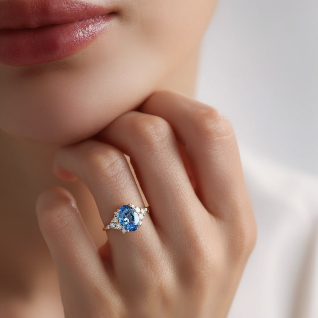 Celeste‘s Whisper | 2CT Oval Cut Blue Gemstone Ring