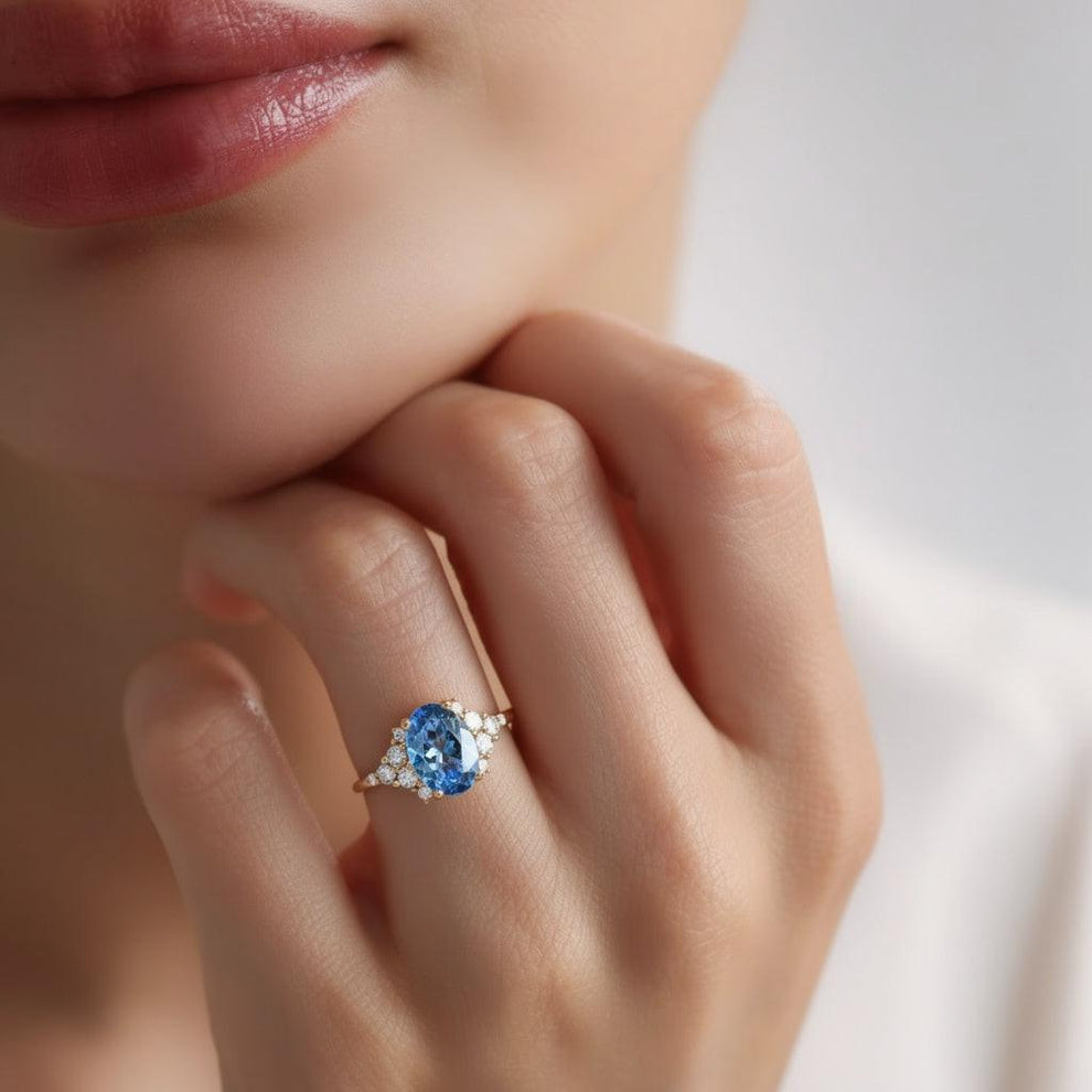 Celeste‘s Whisper | 2CT Oval Cut Blue Gemstone Ring.