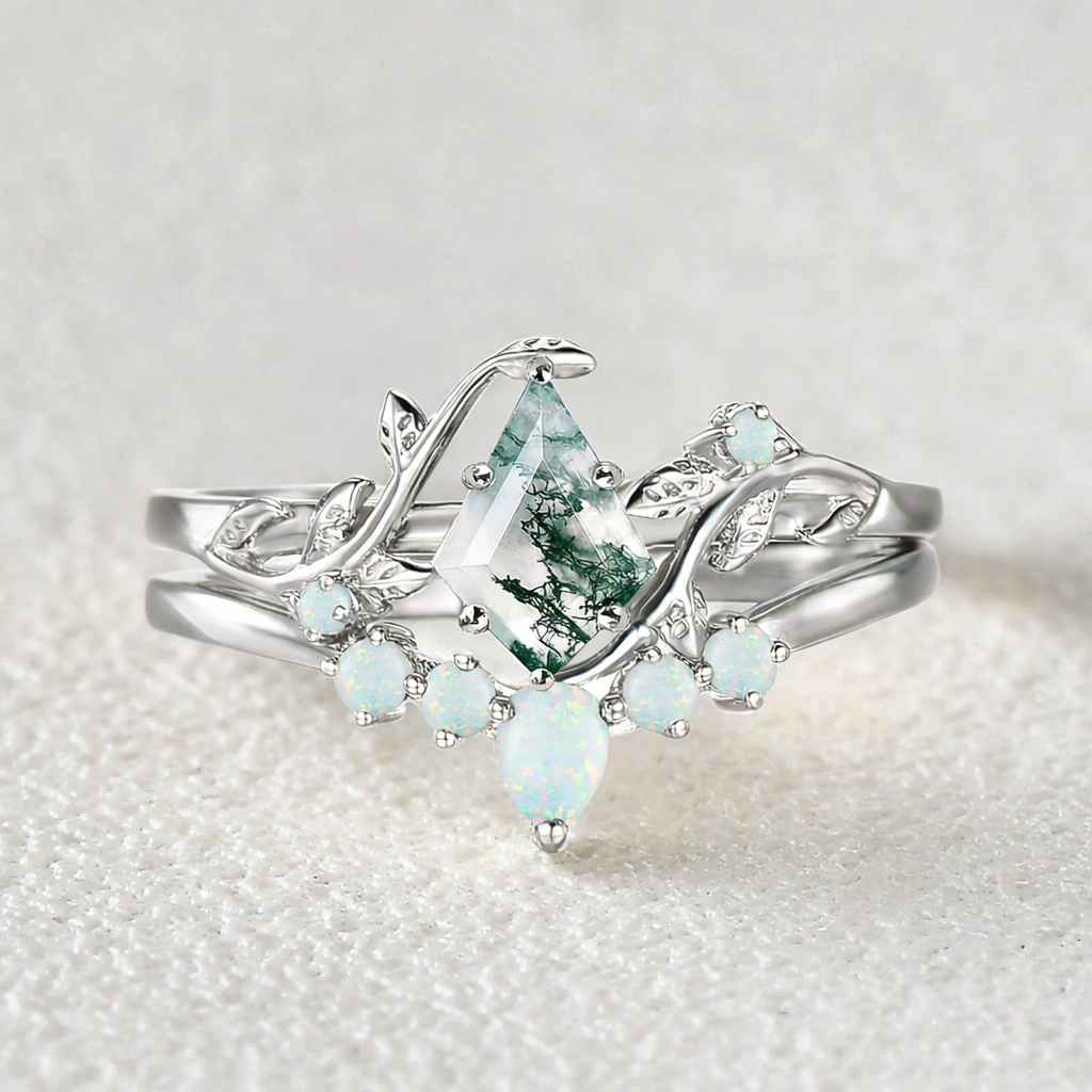 Willow Colorful Stones Unique Kite Cut Moss Agate Leafy Bridal Ring Sets 2pcs.
