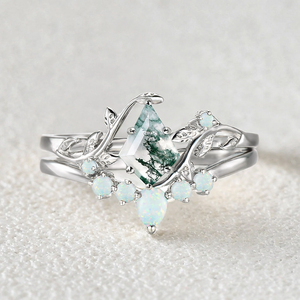 Willow Colorful Stones Unique Kite Cut Moss Agate Leafy Bridal Ring Sets 2pcs.