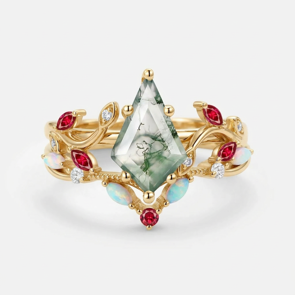 Moss Agate & Opal & Ruby Unique Engagement Ring Set 2pcs.
