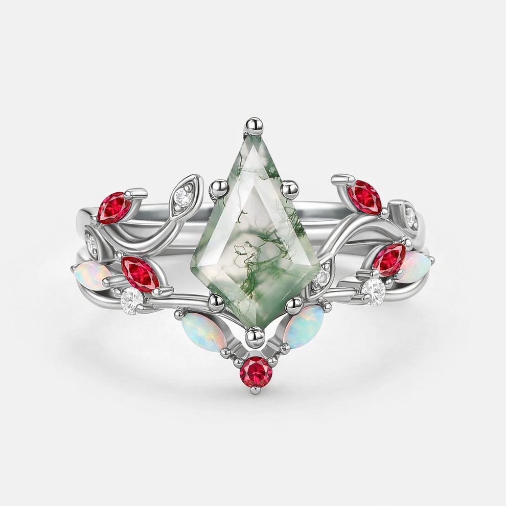 Moss Agate & Opal & Ruby Unique Engagement Ring Set 2pcs.