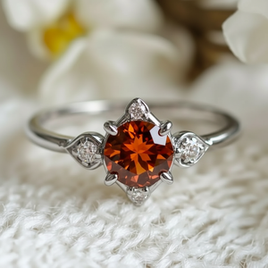 Juliet’s Crimson | Round Cut Garnet Halo Engagement Ring.