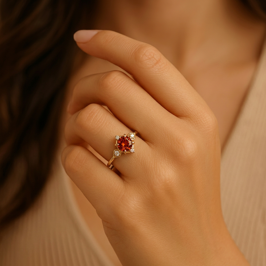 Juliet’s Crimson | Round Cut Garnet Halo Engagement Ring.