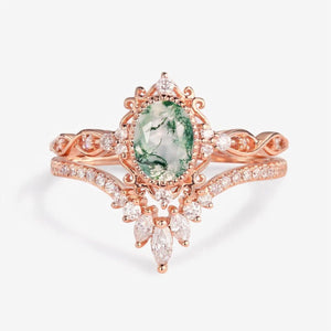 Linden Oval Cut Vintage Moss Agate Engagement Ring Set 2pcs.