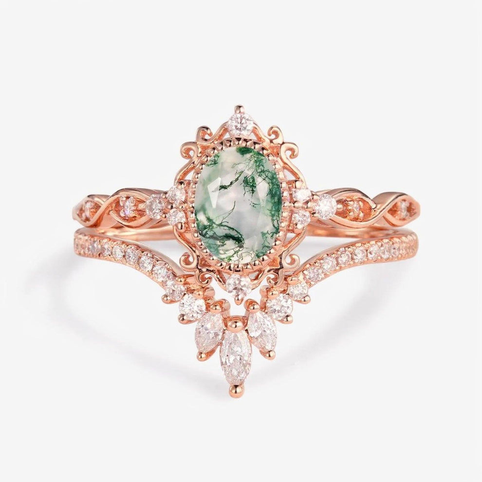 Linden Oval Cut Vintage Moss Agate Engagement Ring Set 2pcs.
