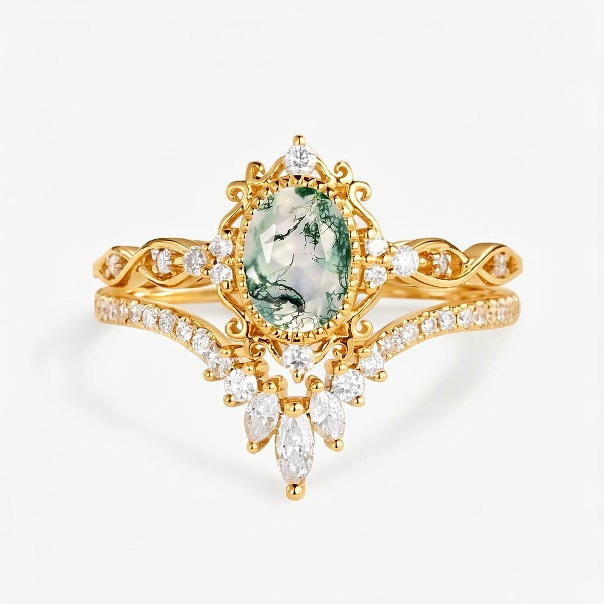 Linden Oval Cut Vintage Moss Agate Engagement Ring Set 2pcs.