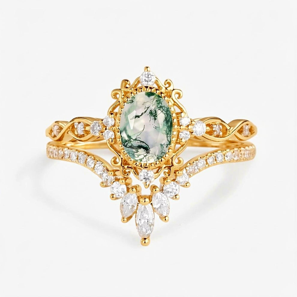 Linden Oval Cut Vintage Moss Agate Engagement Ring Set 2pcs.