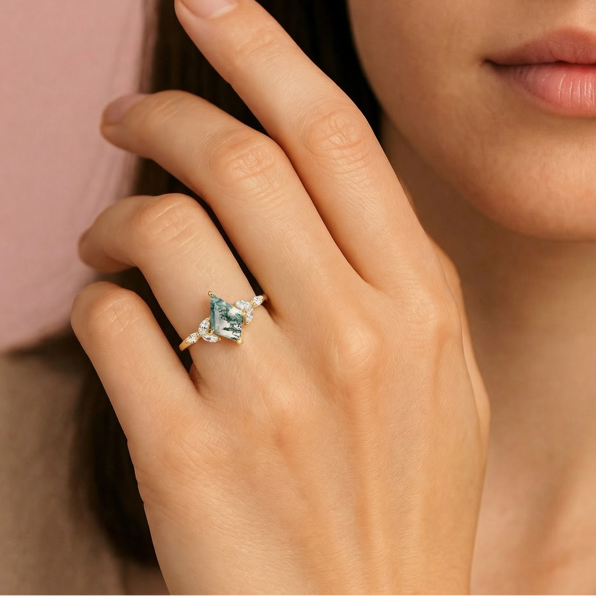 Enchanted Mistwood Kite Cut Moss Agate Ring.