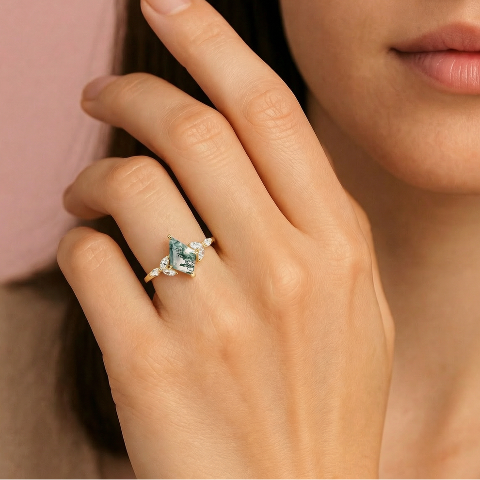 Enchanted Mistwood Kite Cut Moss Agate Ring.