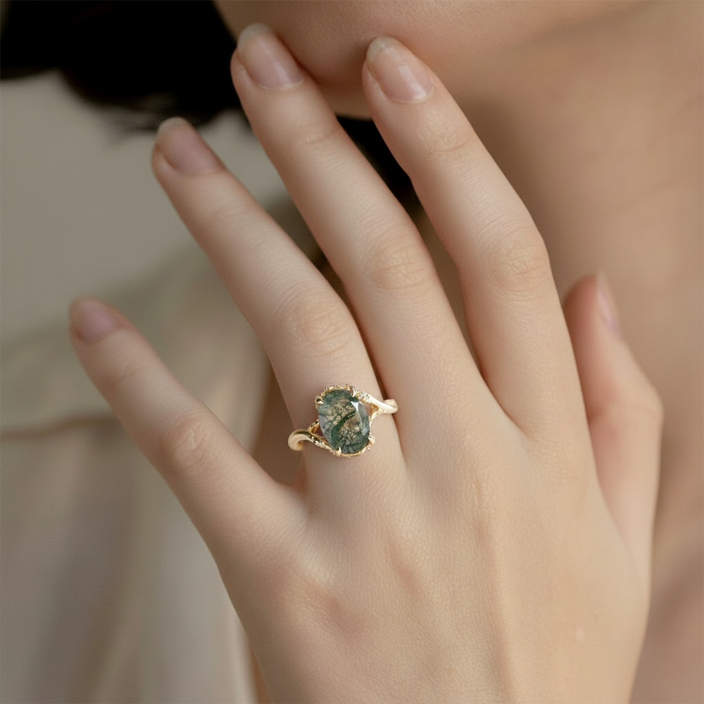 Mirelle's Glade | Oval Moss Agate Engagement Ring.