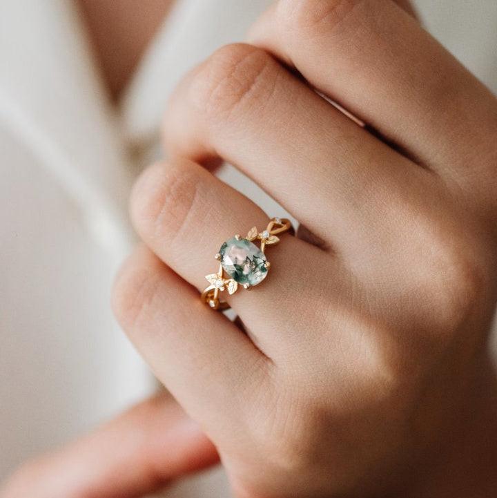 Sylvie’s Twig | Oval Cut Moss Agate Engagement Ring.