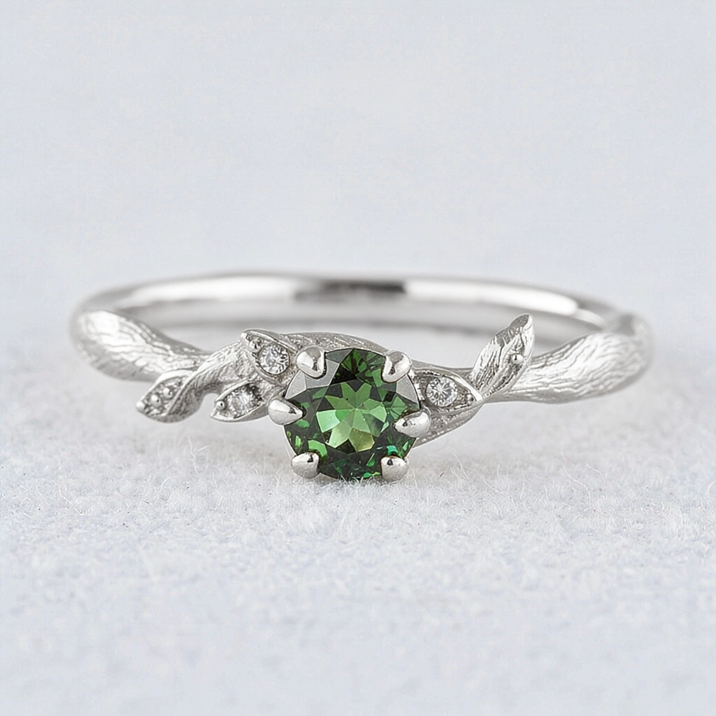 Fairy Glen | Teal Sapphire Engagement Ring with Leaf Band.