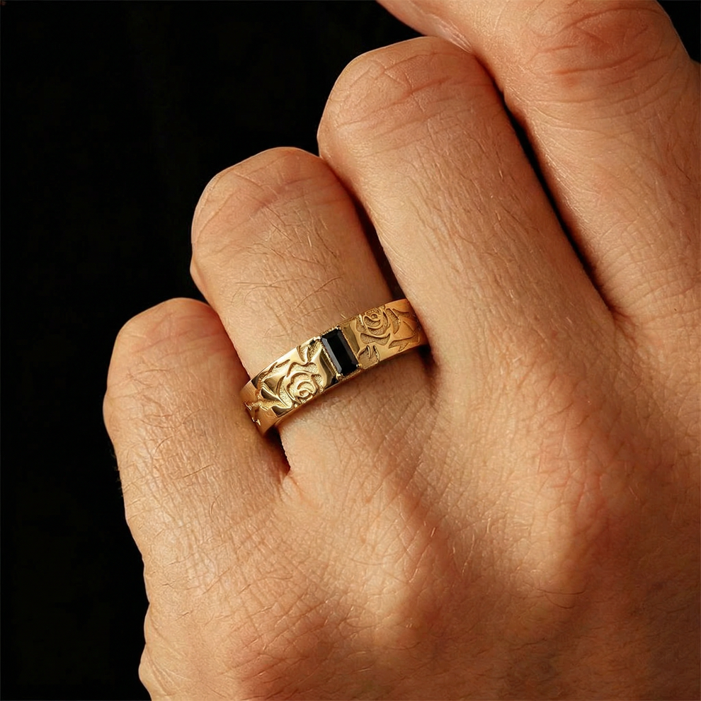 Thorn & Rose | Rectangular Black Diamond Men's Band.