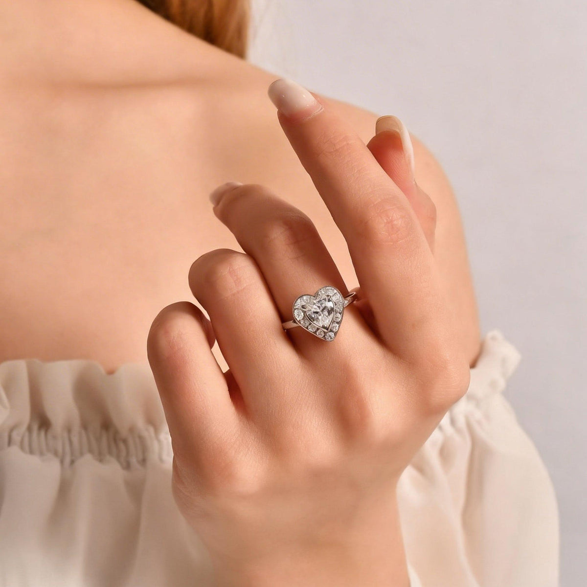 Isolde’s Sincere | Evertrue Halo Heart Salt & Pepper Diamond Engagement Ring.