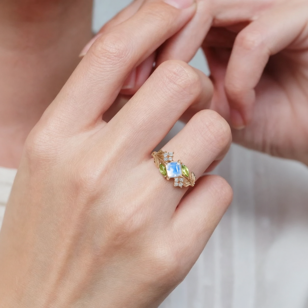 The Courtyard Garden Ring – Square Moonstone & Diamond Accents.