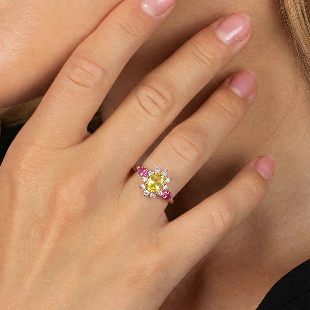 Aurora’s Radiance | Oval Yellow Sapphire Halo Engagement Ring.