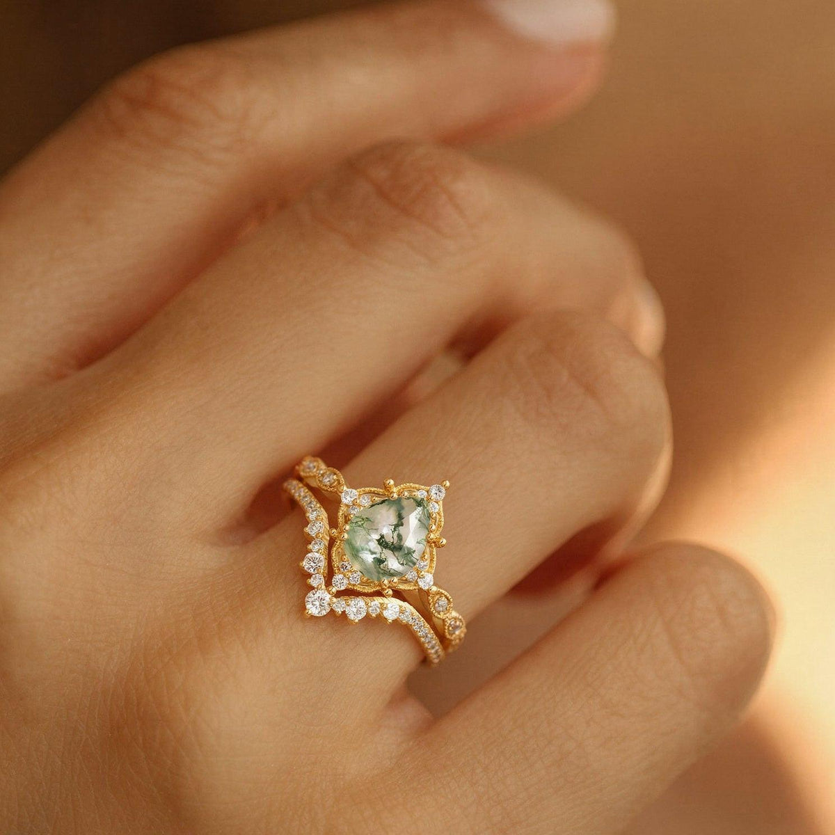 Charlotte Signature Vintage - Pear Cut Moss Agate Vintage Ring Set 2pcs.