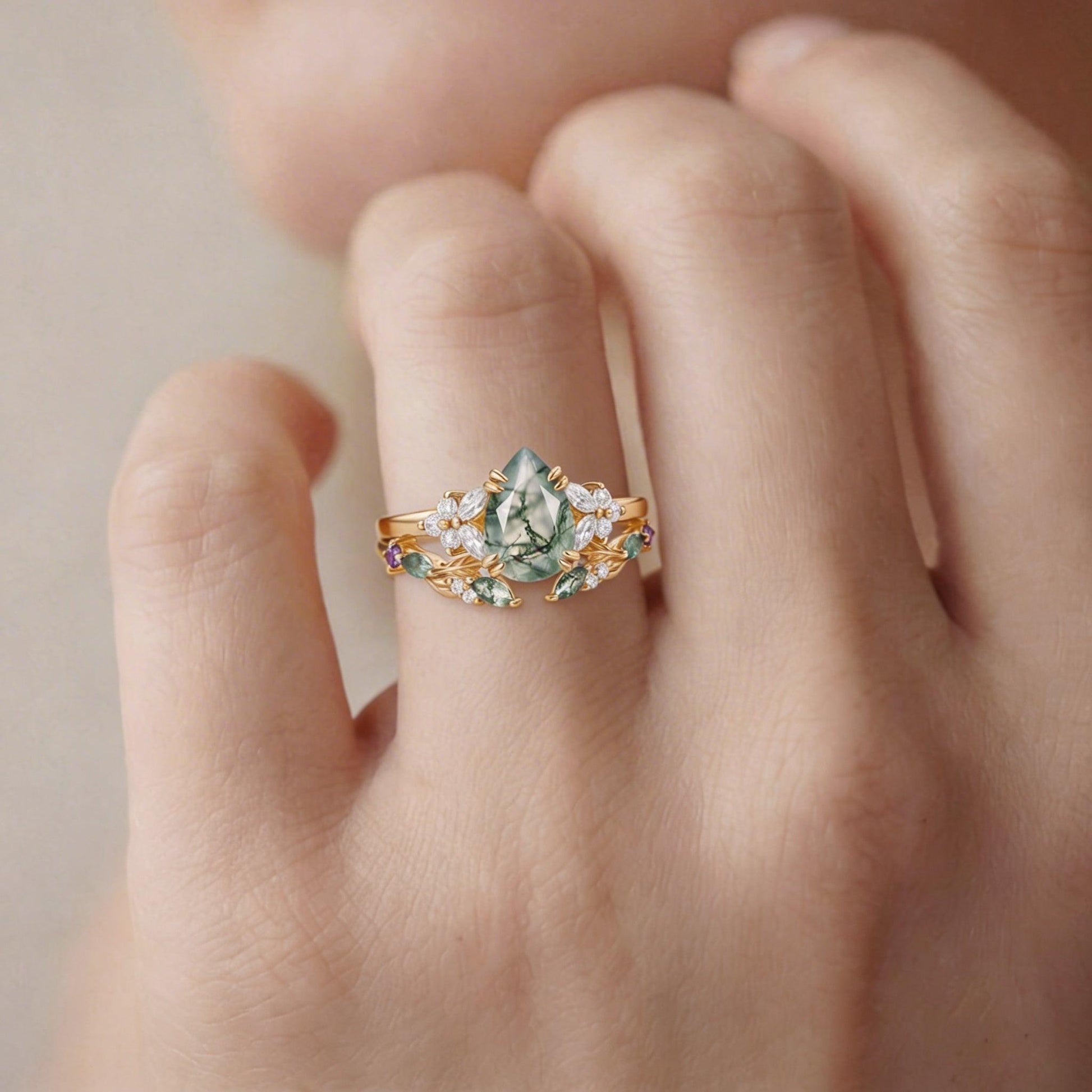 Chloris Pear Shaped Moss Agate Leafy Chevron Gold Ring Set 2pcs.