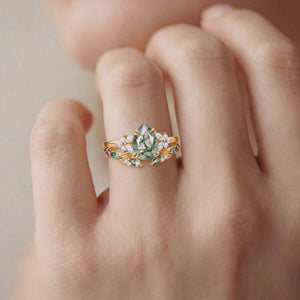 Chloris Pear Shaped Moss Agate Leafy Chevron Gold Ring Set 2pcs.