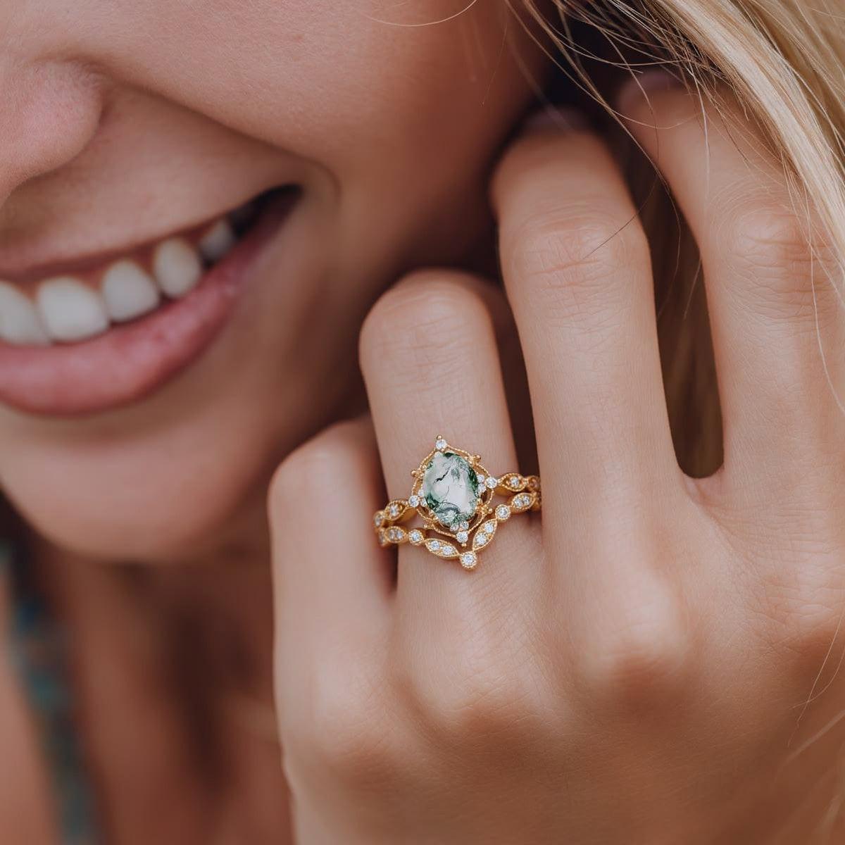 Brynn Oval Moss Agate & Moissanite Classic Ring Set 2pcs.