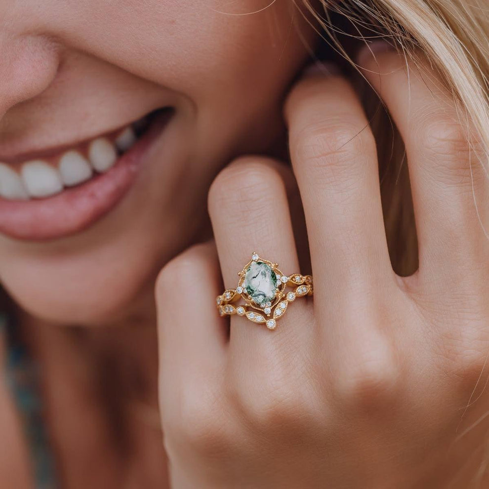 Brynn Oval Moss Agate & Moissanite Classic Ring Set 2pcs.