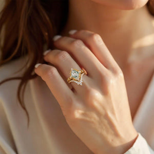 Soren Oval Cut Vintage Moss Agate Engagement Ring Set 2pcs.