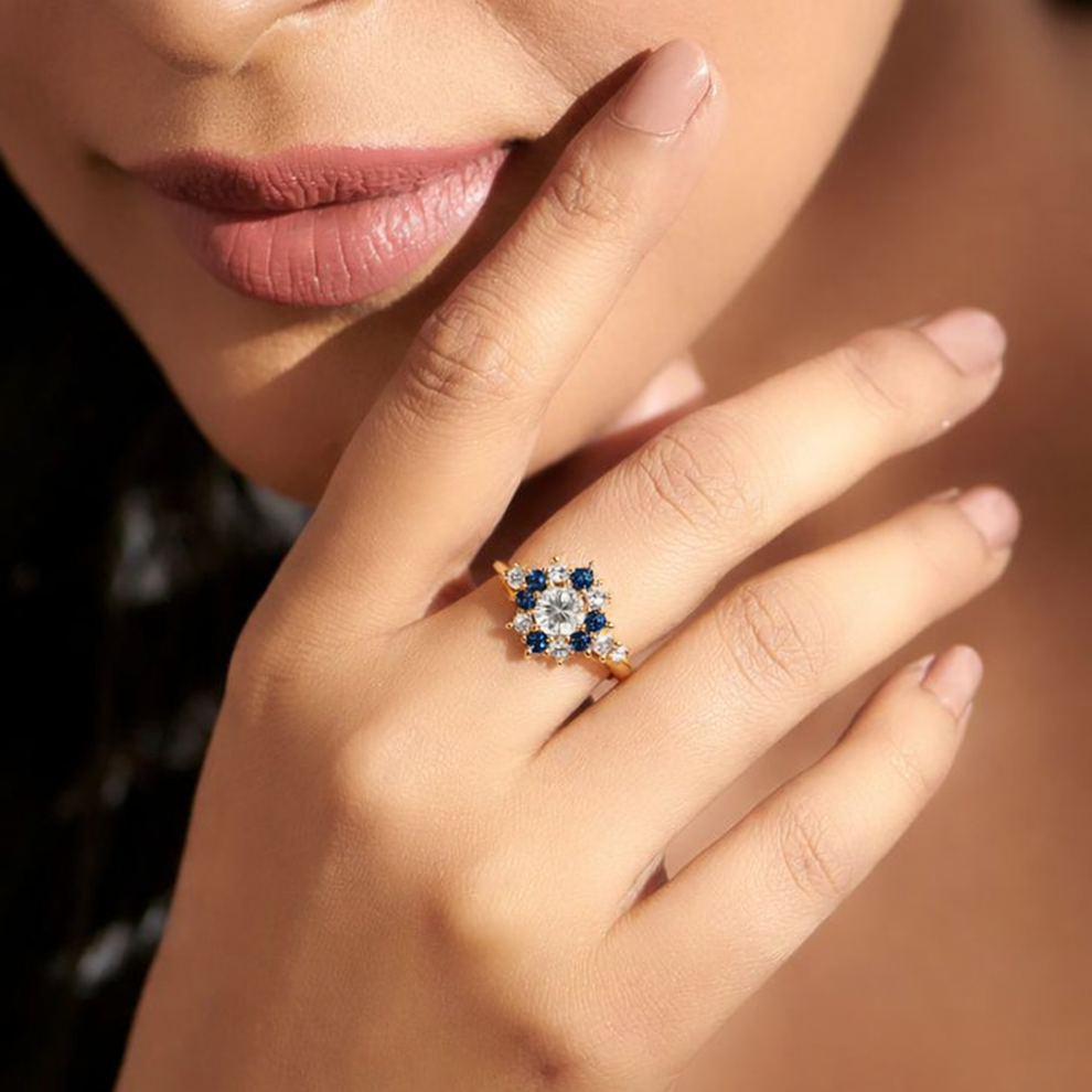 Vivienne’s Blossom | White & Blue Sapphire Engagement Ring.