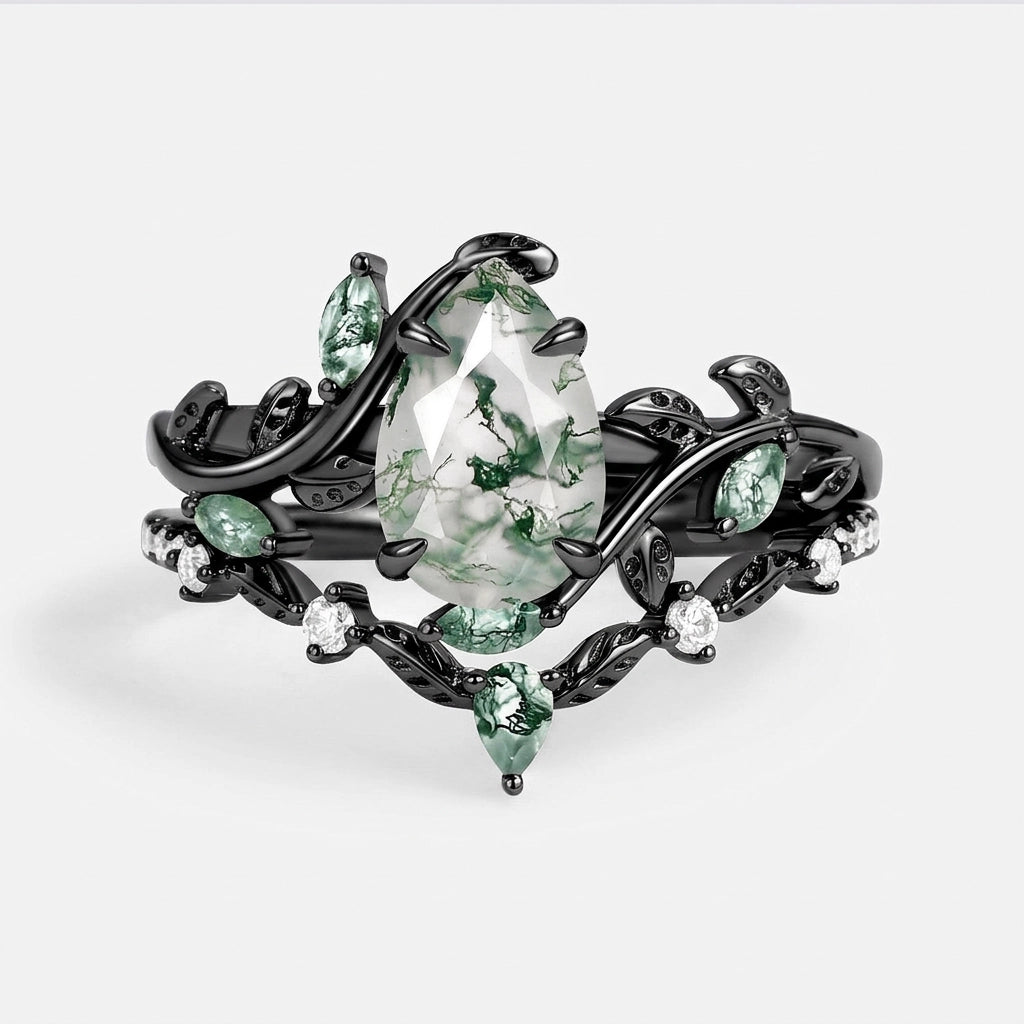 Daphne’s Vine | Pear Cut Moss Agate Bridal Set 2pcs.