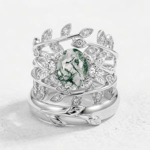 Léonie Oval Cut Moss Agate Leafy Gold Couple Ring Set.