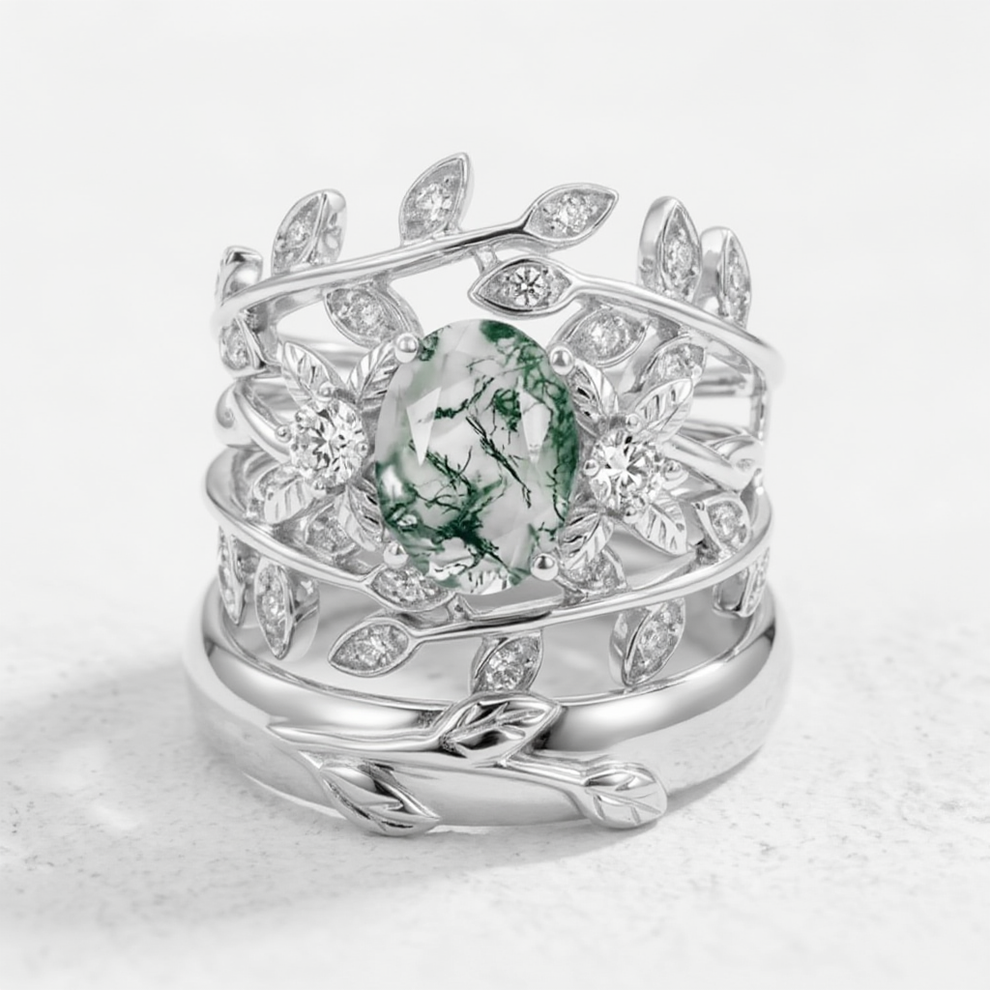 Léonie Oval Cut Moss Agate Leafy Gold Couple Ring Set.